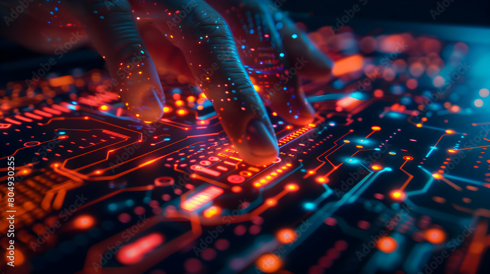 Poster close-up of a hand navigating abstract icons on a laptop screen in business innovation tech navigato