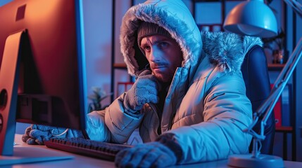 Fototapeta premium Freezing man in warm jacket and gloves working at computer in office. Unhappy warmly dressed businessman freezing in office since heating problems. copy space for text.