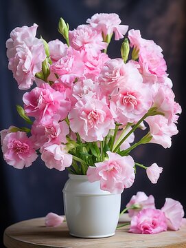 Contemporary botanical art in watercolor, showcasing Matthiola Incana with Pink Carnations, on a serene white background ,  fresh and clean look