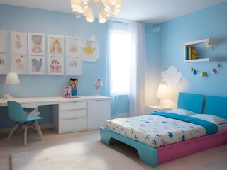 interior of a bedroom. Little kids Bedroom trend 2024 year. Modern luxury room interior home or kids room.3d render