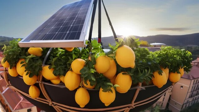 Ripe lemons dangle from leafy branches of a tree suspended from a hot air balloon basket, soaring above a sunny mountain landscape. 