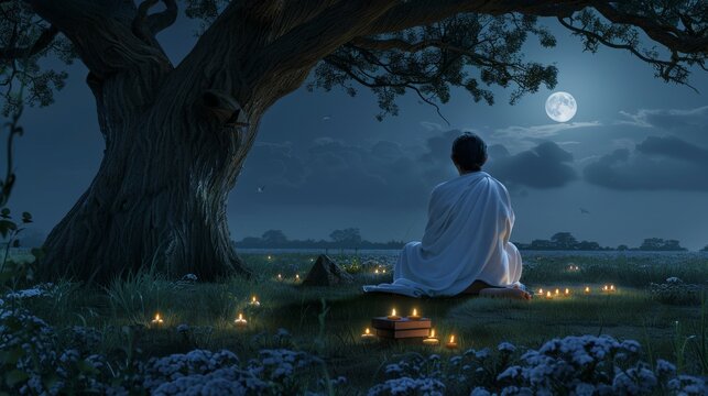 Indian guru in white clothes meditates under a tree with moonlight. Night scene with Indian guru and oil lamps for spirituality.