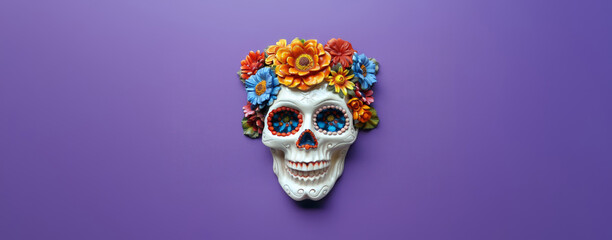 Fototapeta premium Decorative skull adorned with vibrant flowers against a bold purple backdrop.