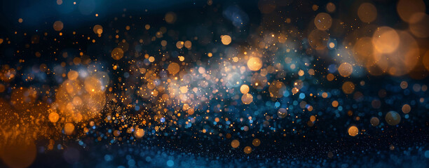 Abstract background of golden and blue bokeh lights, creating a dreamlike atmosphere of twinkling particles.