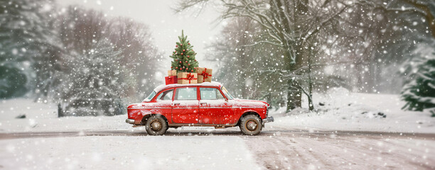 Classic red car in a snowy landscape transporting a Christmas tree, evoking a festive spirit. - Powered by Adobe
