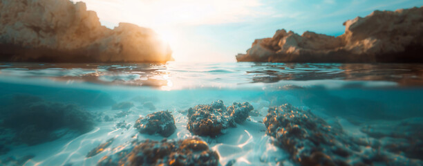 A serene underwater stock photo showcasing a sunlit view of coral reefs and rocks.
