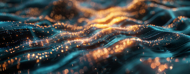 Close-up of blue and orange glowing fiber optic cables with dynamic light effects and technology theme.