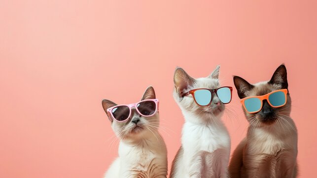 Creative animal concept. Group of Siamese cat kitty kitten friends in sunglass shade glasses isolated on solid pastel background, commercial, editorial advertisement, copy text space
