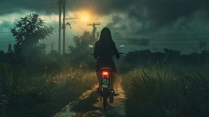 Back view of girl going towards motorbike, dark light photography