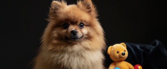 Pomeranian Portrait with dark background and toys