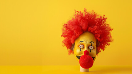 Composition with clown wig nose and word FOOLS on yellow