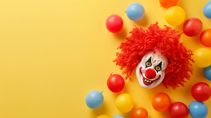 Composition with clown wig nose and word FOOLS on yellow