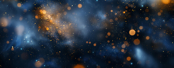 A cosmic scene of blue dust and scattered golden sparks depicting an ethereal abstract universe.