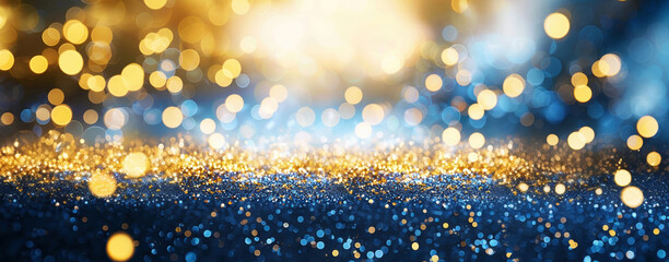 Stunning golden sparkle against a rich blue bokeh effect in a dynamic abstract composition.