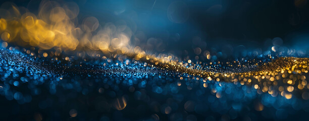 Ethereal golden and blue lights floating softly across a dark background in a bokeh effect.