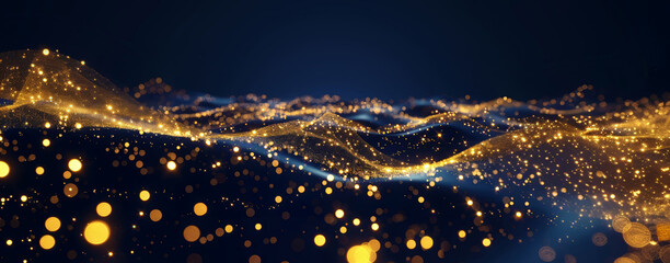 A mesmerizing display of golden and blue light particles in undulating waves, evoking a dreamy atmosphere.