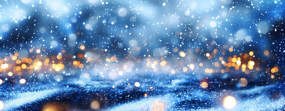 A wintery blue bokeh lights background depicting a chilly, magical snow scene.