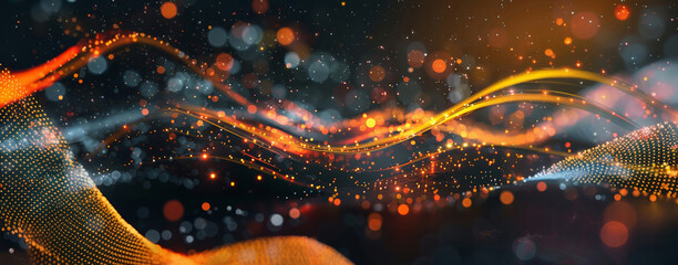 Stunning abstract background of golden orange waves and sparkling particles conveying motion and energy.