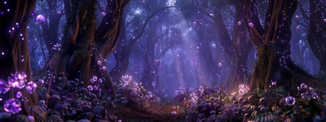 Enchanted forest with towering trees and magical creatures background 3d style.