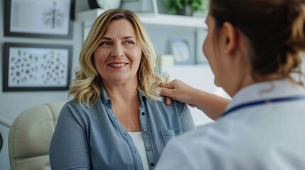 Obraz premium Overweight fat woman having consultation at the office. Portrait of friendly smiling doctor putting hand on shoulder supporting patient, giving consultation during medical examination in clinic.