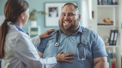 Obraz premium Overweight fat woman having consultation at the office. Portrait of friendly smiling doctor putting hand on shoulder supporting patient, giving consultation during medical examination in clinic.