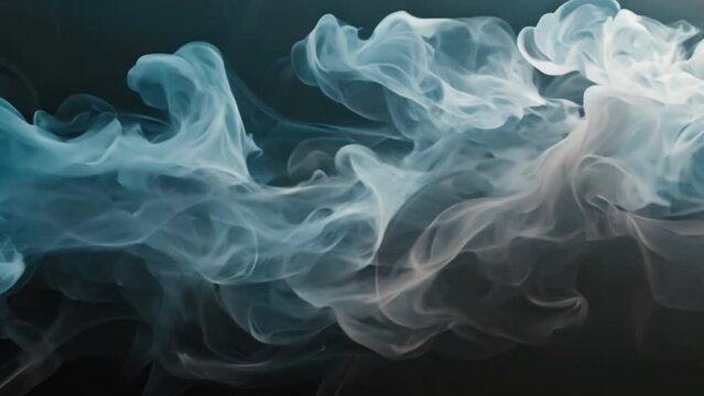 Gray smoke isolated on black background. Toxic smog spreading in the air. White steam from vaping. Electronic cigarettes addiction concept.