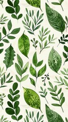 A seamless botanical watercolor illustration featuring a variety of green leaves, perfect for backgrounds, textiles, and eco-friendly concepts
