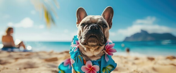 portrait of cute purebred french bulldog with blue summer hawaii beach dress. Adorable pet animal or human best friend.
