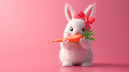 Front view of white cute baby holland lop rabbit standing on pink  background. Lovely action of young rabbit. Red bunny rabbit portrait looking front wish to viewer on white background. Funny bunny.