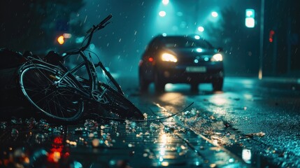 A night-time accident scene showing a car and a bicycle crashed due to drunk driving, emphasizing the dangers of impaired driving.

