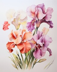 Delicate Iris Flower and Peruvian Lily in watercolor, capturing the essence of friendship with subtle red hues and asymmetrical green leaves ,  high-detail texture