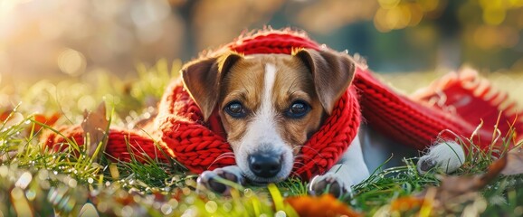 Red collar scarf jack russell terrier pet dog puppy laying in the grass and looking - web banner