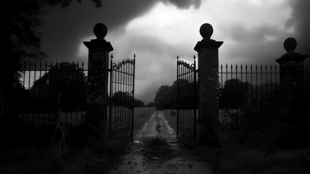 The darkness behind the gothic gates seemed to swallow all light as if the ranch held some dark ancient power within its grounds. 2d flat cartoon.