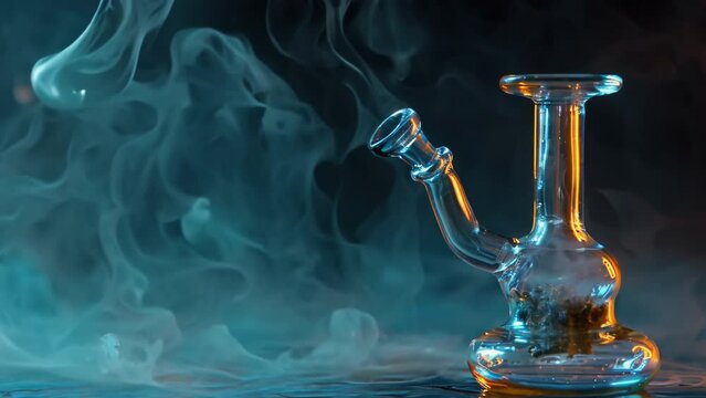 Glass bong and smoke on black background, Smoking marijuana device. Drugs abuse concept. Bad unhealthy habit.