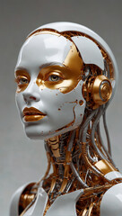A charming female robot made entirely of glossy plastic, The overall color is gold 05