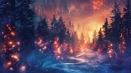 watercolor Magical forest with christmas trees and glowing lights