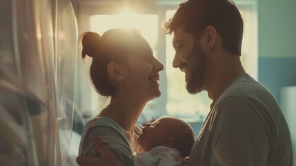 A happy couple hugs their newborn little baby in a hospital room, the woman and man became parents. Infinite Happiness: A family Celebrates the Arrival of Their child with an Open heart