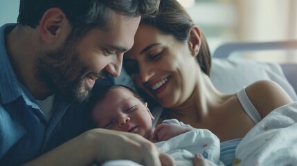 Happy couple hugging their newborn baby, the woman has just given birth to infant. Blissful Bond: A Joyful family Embracing Their Precious Newborn child After Delivery