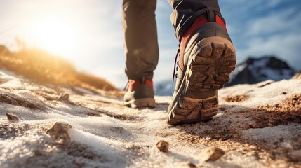 Footsteps of climbers wearing shoes walking over a rocky mountain landscape and a beautiful sunset view in the background. seen from behind