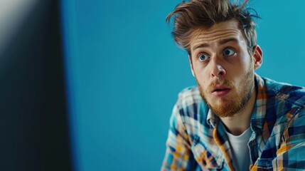 Portrait of confused man looking at computer screen. Puzzled employee, office worker, student or hipster feeling dumb and stupid trying to understand hard complicated stuff. copy space.