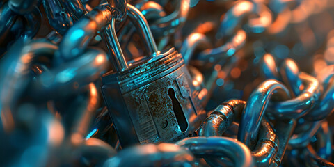 A close up of a chain,Copper chain on a dark background.