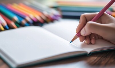 child's hand writing in an open notebook, with blurred colorful pencils in background.