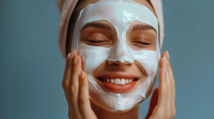 Professional spa therapist beautician applies white rejuvenating anti age lifting peeling antioxidant detox vitamin sheet mask on face of happy pretty attractive woman. copy space for text.