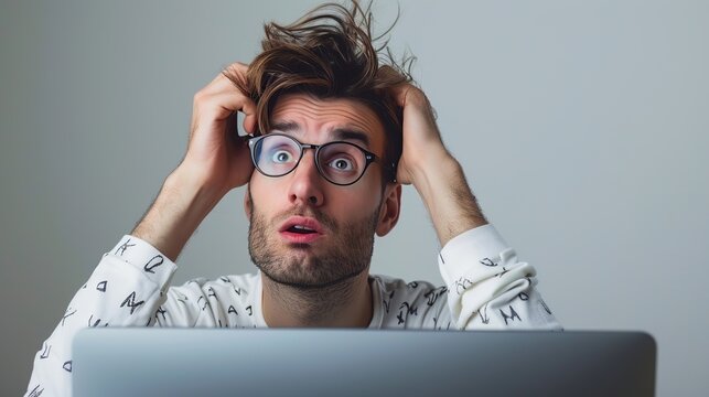 Portrait of confused man looking at computer screen. Puzzled employee, office worker, student or hipster feeling dumb and stupid trying to understand hard complicated stuff. copy space.