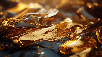 Contemporary Abstract of Shiny Liquid Gold Oil On Selective Focus Background