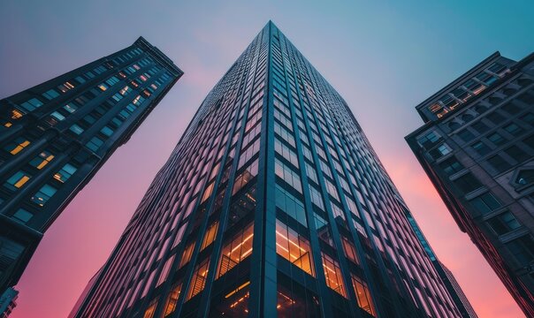 The crisp blue sky reflected in a towering glass skyscraper captured from a low angle perspective. copy space for text.