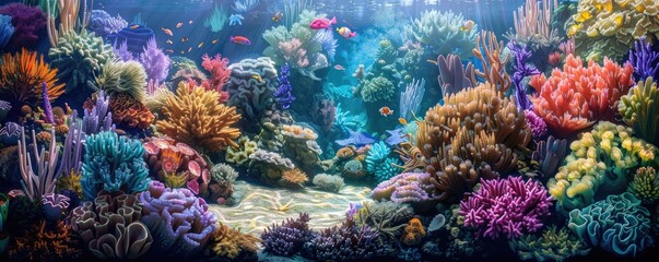 An underwater landscape showcasing a coral reef bathing in sunbeams penetrating the ocean's surface. copy space for text.