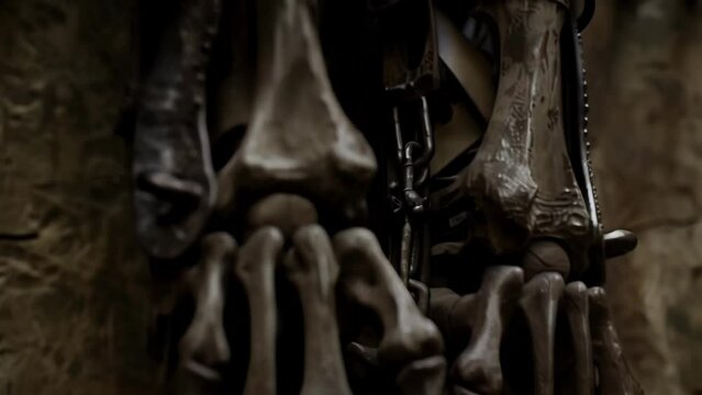 A set of spurs their jingling sound rep by the eerie clatter of bones as their wearer walks. 2d flat cartoon.