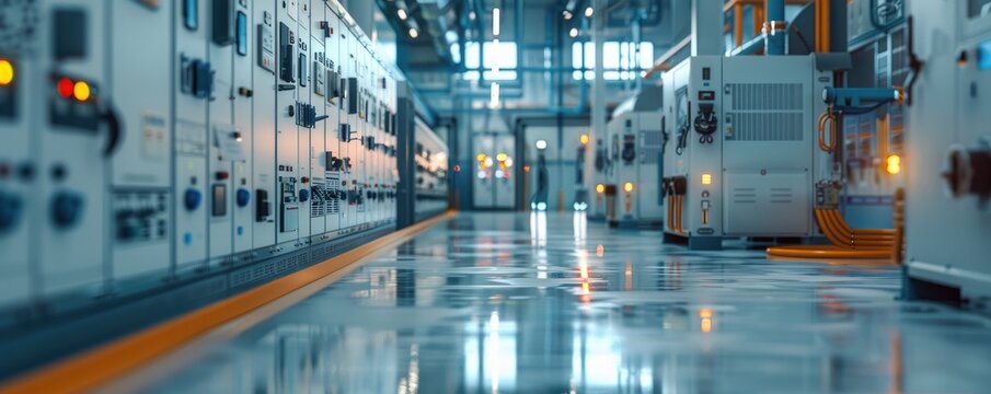 A corridor in an industrial control room with high-tech equipment displays modern technological advancement and complex operations.