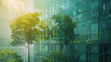 Obraz premium Sustainable green building, Eco friendly building. Sustainable glass office building with tree for reducing carbon dioxide, Office with green environment, Corporate building reduce CO2.